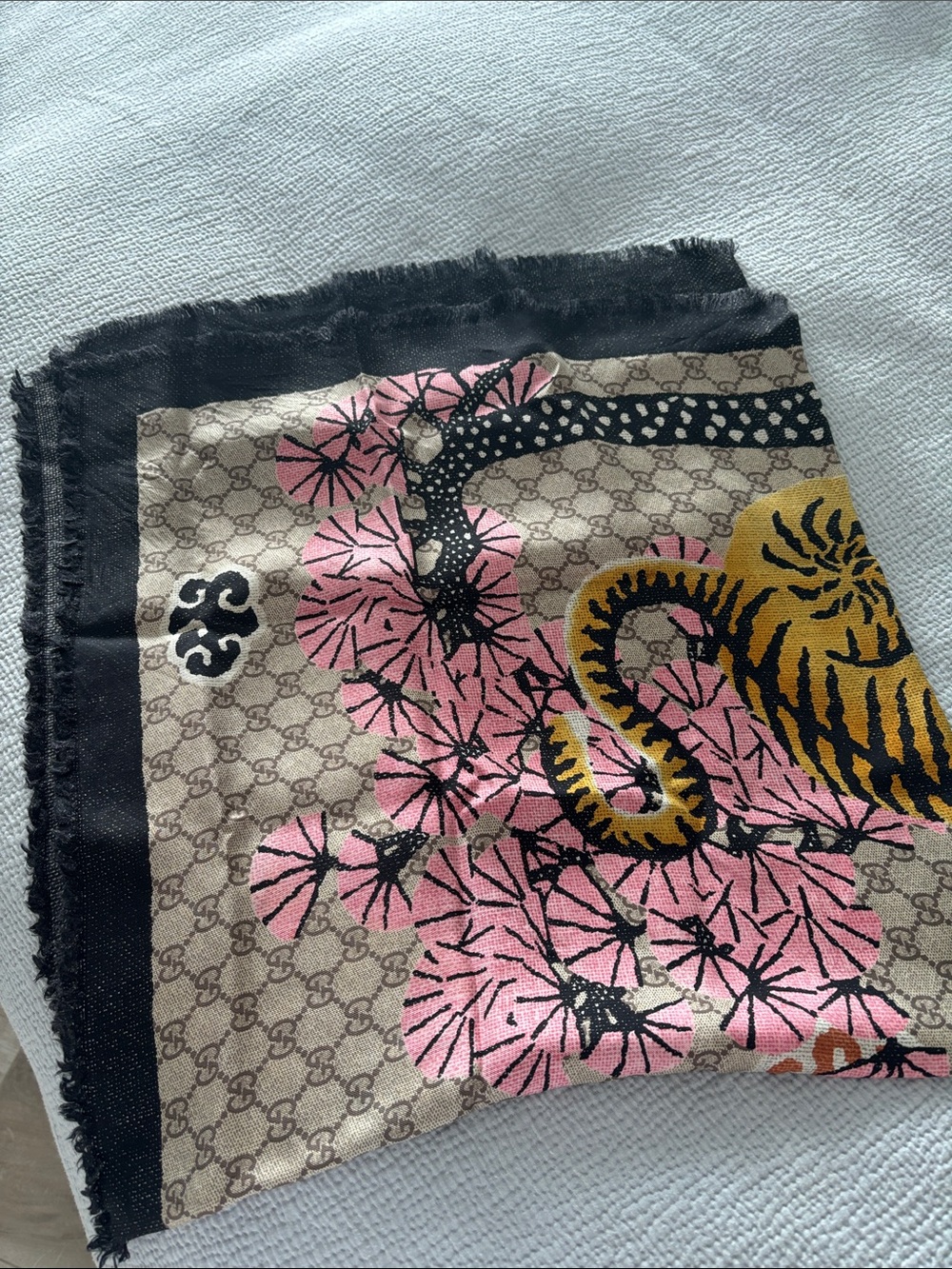 Gucci Beige Monogram Scarf with Pink Blossoms, Yellow Tiger & Black Trim